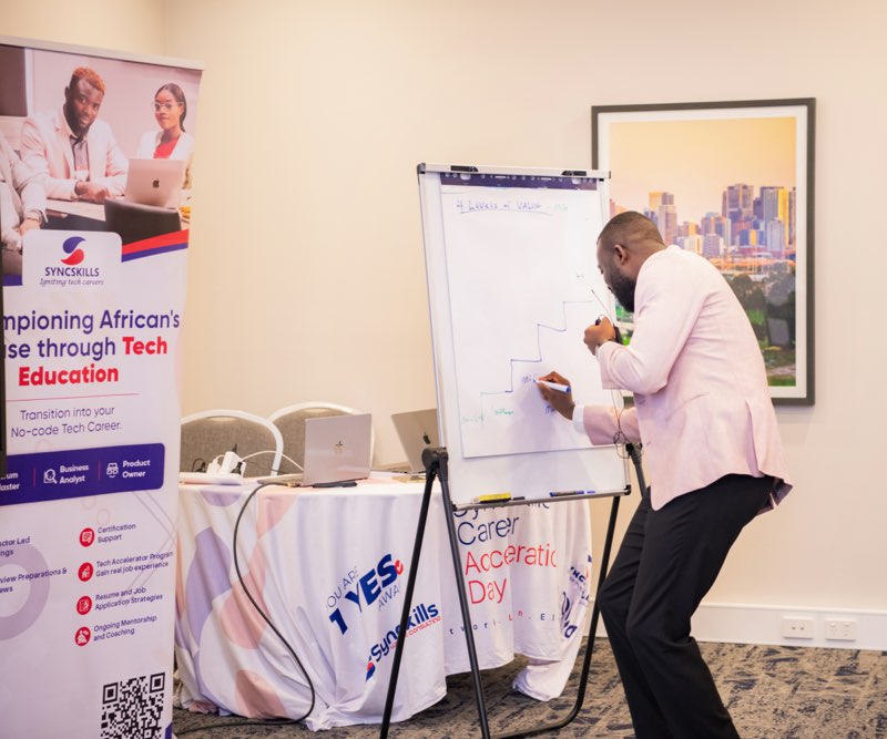 Noah teaching at whiteboard — Melbourne Career Day