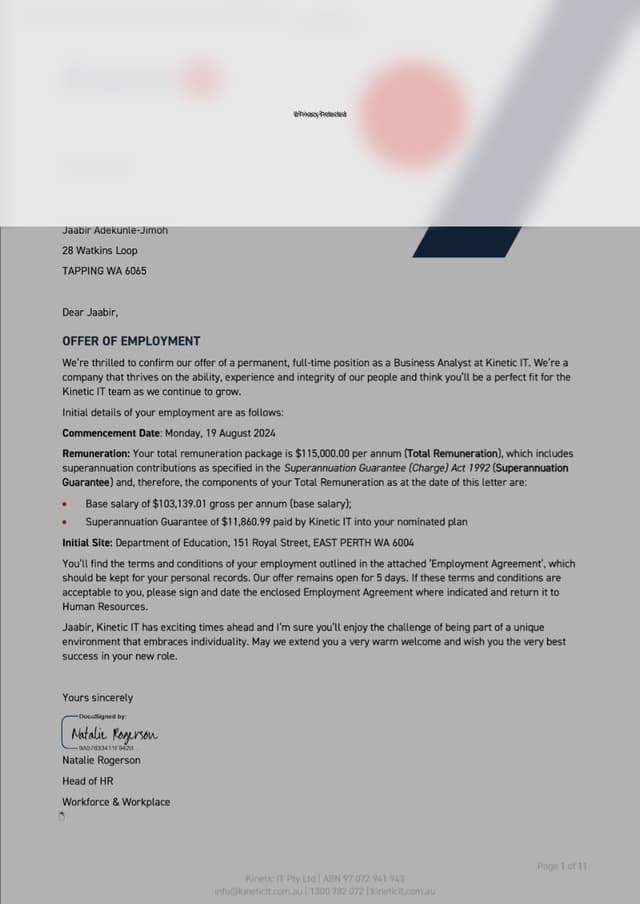 Jaabir's offer letter