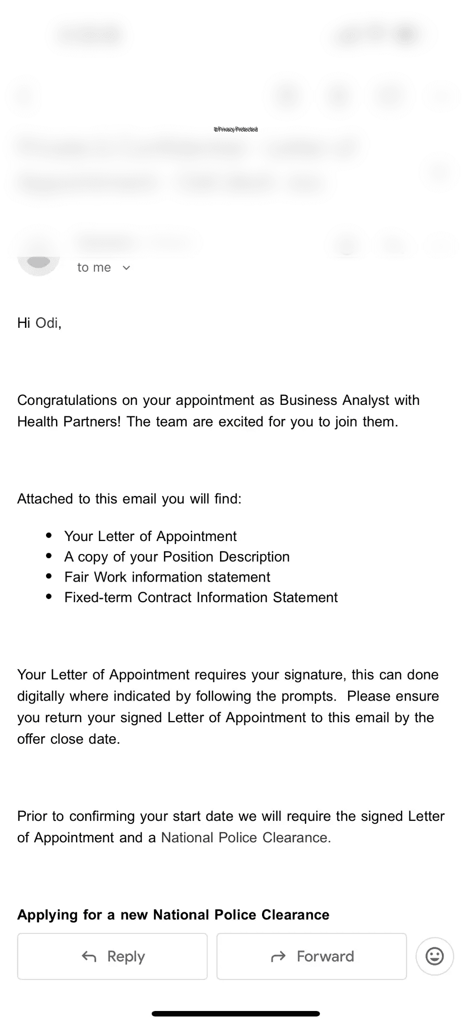 Odi's offer letter from Health Partners