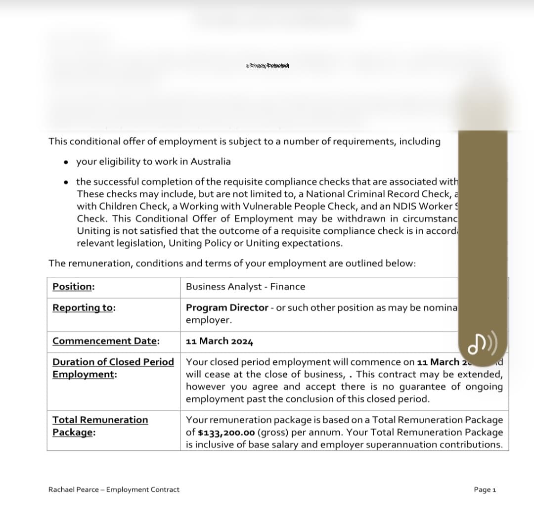 Rachael's offer letter — $133K Business Analyst role at Uniting