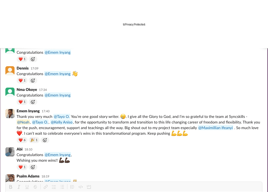 Emem's Slack celebration — the community cheering her Westpac win