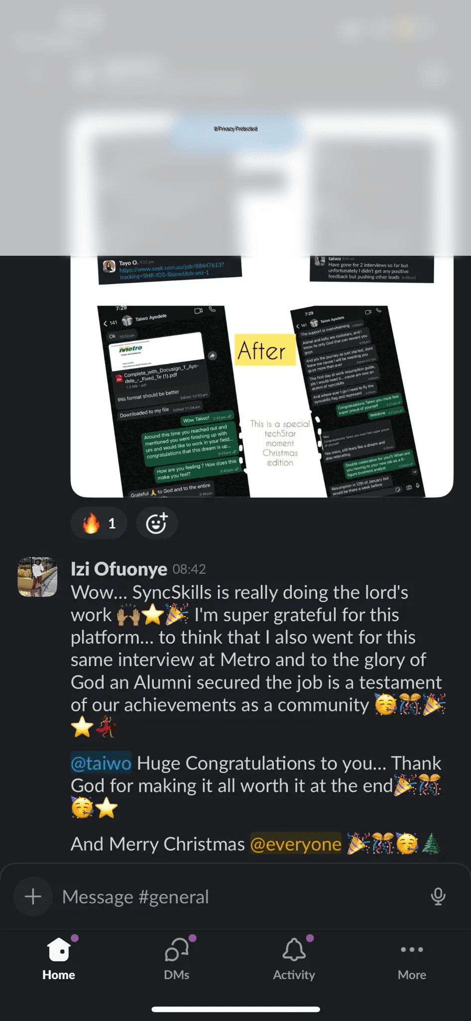 Izi celebrating a fellow alumni's Metro win in the SyncSkills community