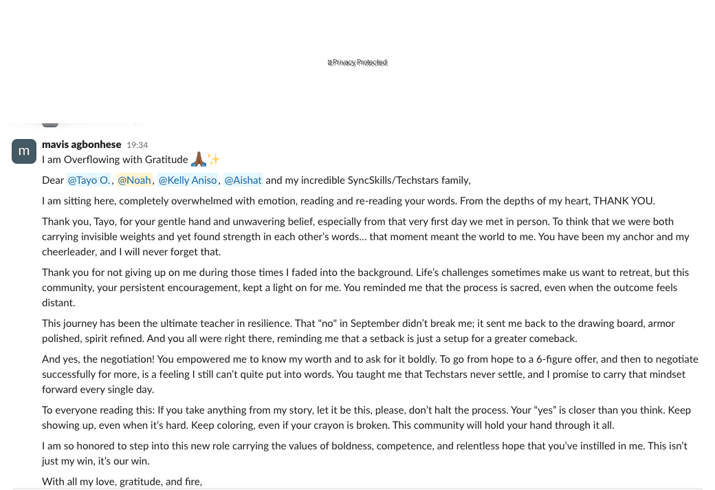 Mavis's heartfelt Slack message to the SyncSkills community after landing her role