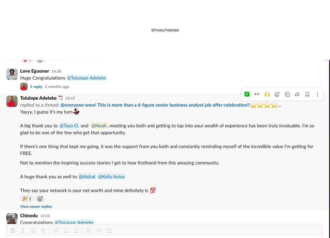 Tolulope celebrating her Senior BA offer in the SyncSkills community